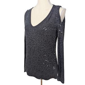 Y2K Cache V Neck Sequin Cold Shoulder Long Sleeve Top Black Size Large